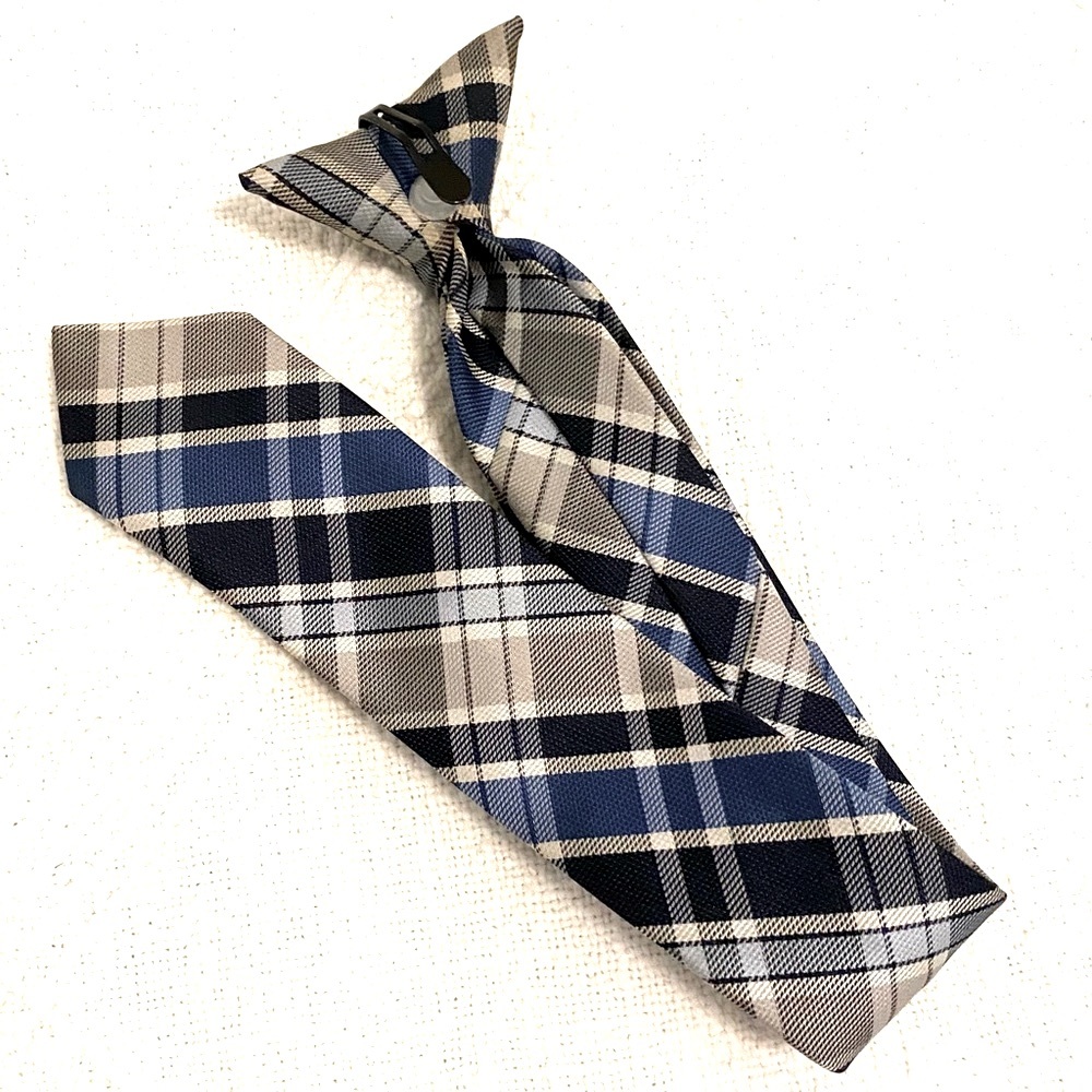💙 Kids Clip-On Tie in Blue Grey Black Tartan Plaid